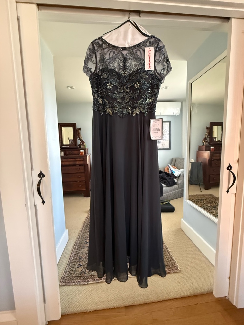 Elegant Blue Embellished Maxi Dress with Illusion Yoke